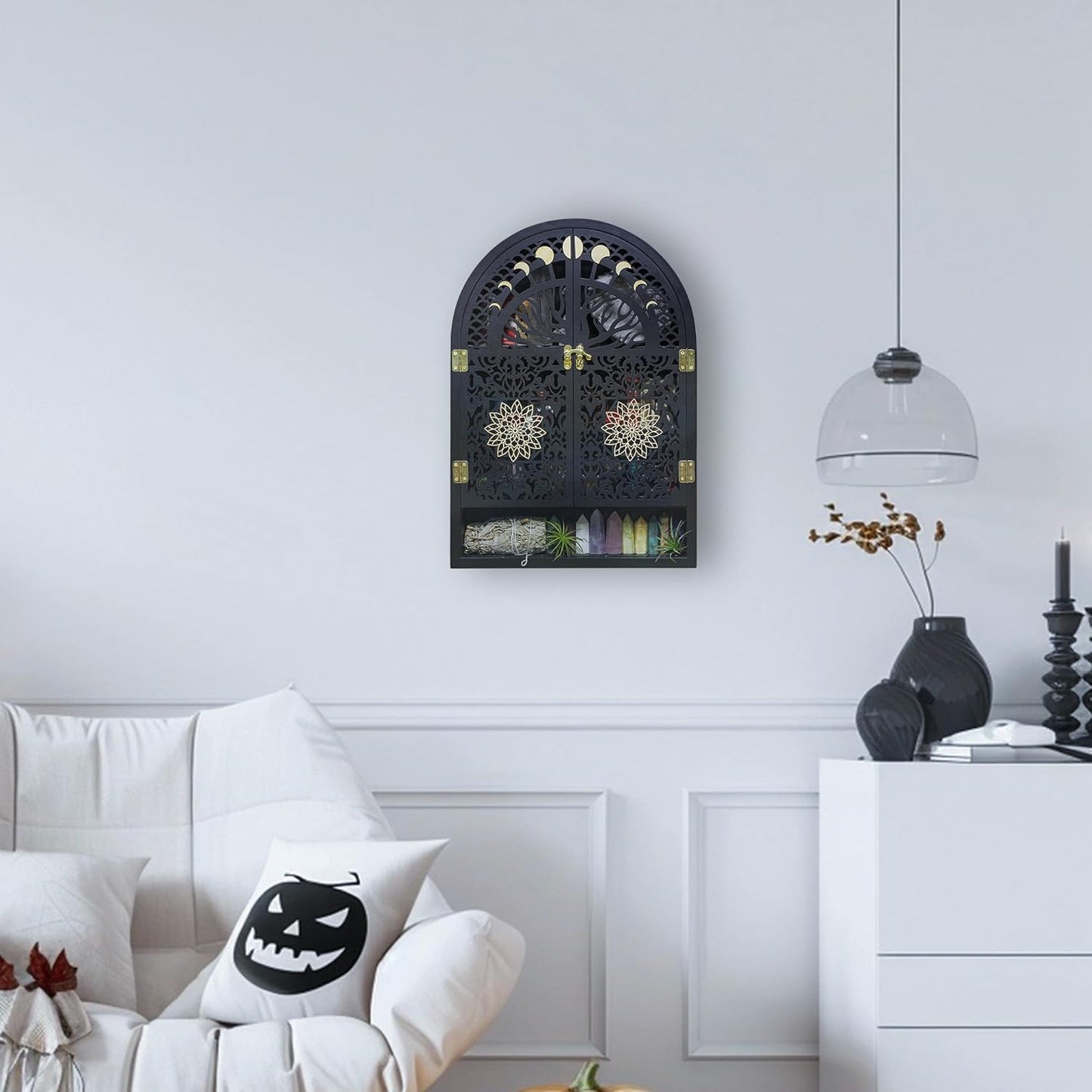 Large Crystal Display Shelf for Wall, Crescent Moon Phase Shelf Wall Decor, Wooden Arch Shelf, Life of Tree Crystal Holder Organizer, Cabinet for Gem Stone Rock, Spiritual Home Room Wall Decor