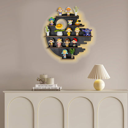 Large 17.7&quot; RGB Wooden Circle Floating Shelves for Wall, Figures Minifigures Figurine Display Shelf Wall Mount, Wood Wall Hanging Shelf for Collection Collectibles, for Bedroom Living Room