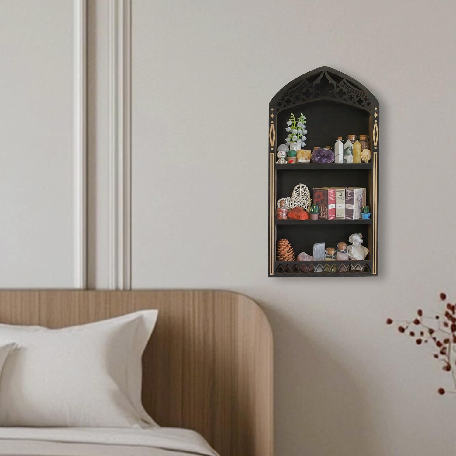 Gothic Crystal Shelf Display for Wall, Wooden Rock Gem Healing Stone Display Shelf Wall Mounted, Crystal Holder Trinket Organizer Knick Knack Shelf, Gothic Witchy Decor Gifts for Women - 2025 UPGRADED