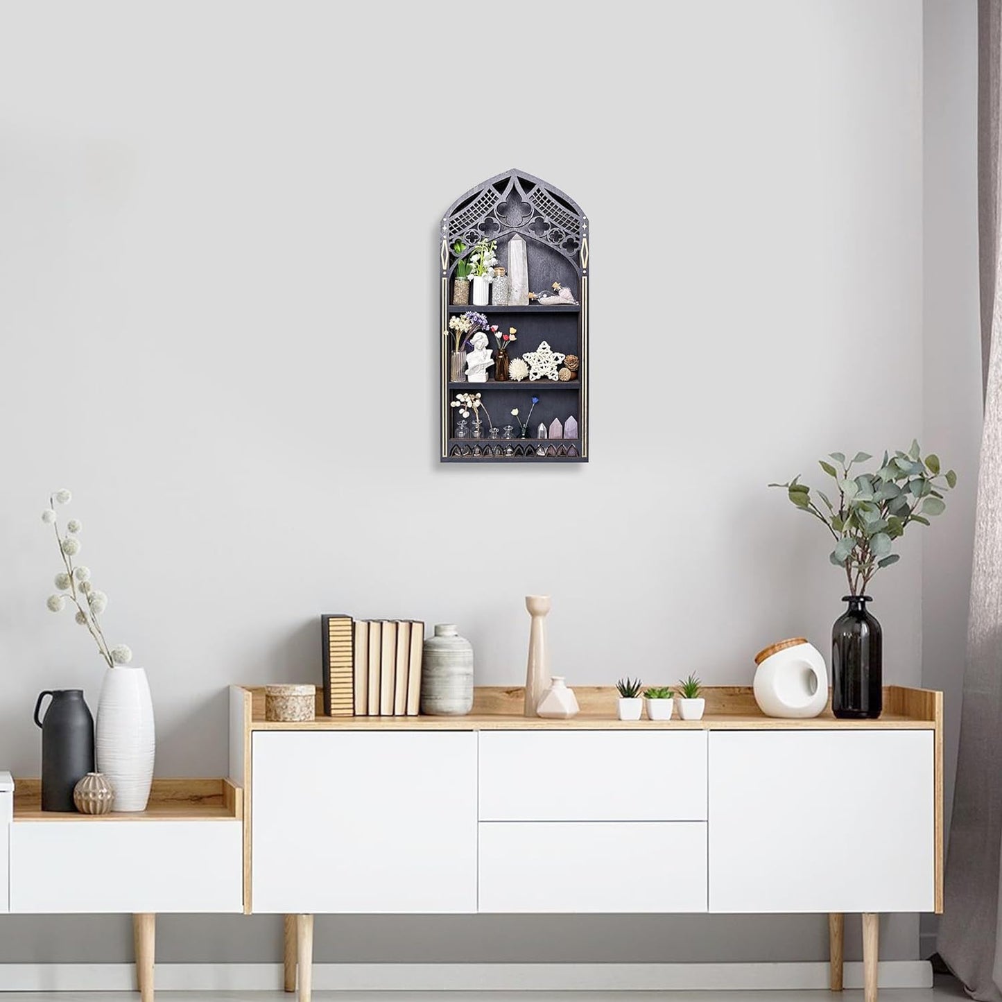 Gothic Window Crystal Shelf Display for Wall, Wooden Gem Stone Rock Storage Holder Trinkets Organizer, Wall Mount Stand Case Box for Witch Wiccan Decor, Spiritual Gift for Home Bedroom Living Room