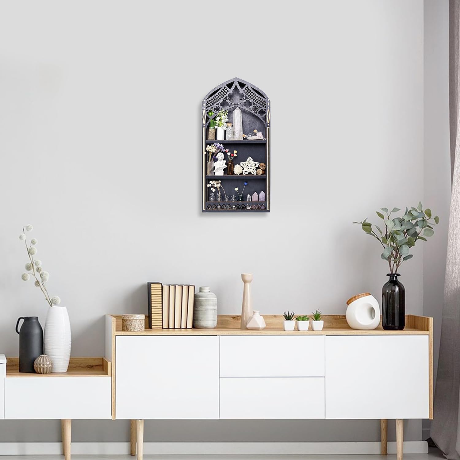 Gothic Window Crystal Shelf Display for Wall, Wooden Gem Stone Rock Storage Holder Trinkets Organizer, Wall Mount Stand Case Box for Witch Wiccan Decor, Spiritual Gift for Home Bedroom Living Room