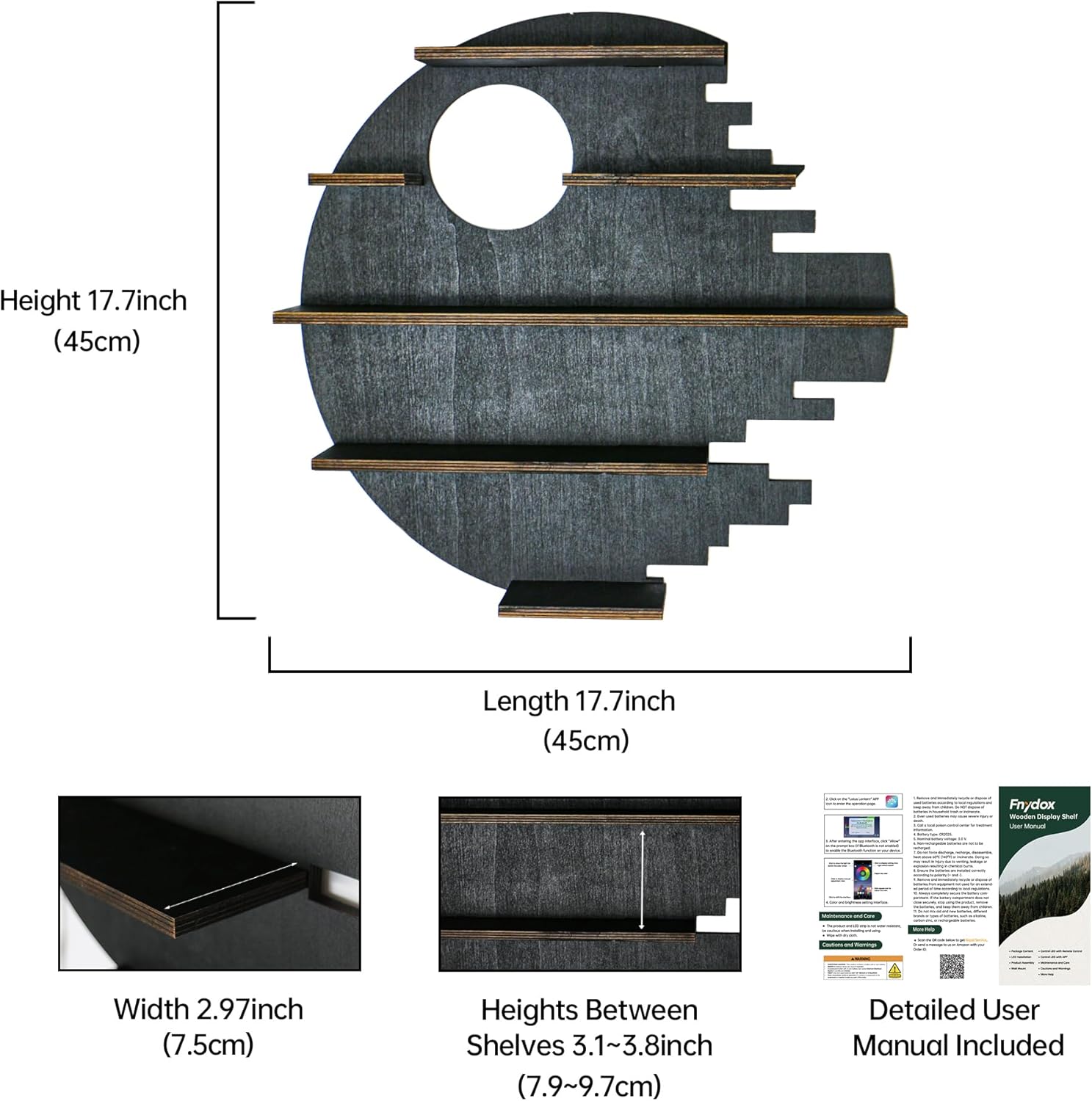 Large 17.7&quot; RGB Wooden Circle Floating Shelves for Wall, Figures Minifigures Figurine Display Shelf Wall Mount, Wood Wall Hanging Shelf for Collection Collectibles, for Bedroom Living Room