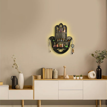Hamsa Hand Crystal Shelf Display for Wall with 4 Hooks &amp; LED Light, Wooden Knick Knack Display Shelf, Sun &amp; Moon Gem Stone Rock Organizer Trinket Storage Holder