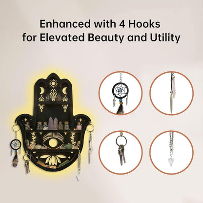 Hamsa Hand Crystal Shelf Display for Wall with 4 Hooks &amp; LED Light, Wooden Knick Knack Display Shelf, Sun &amp; Moon Gem Stone Rock Organizer Trinket Storage Holder