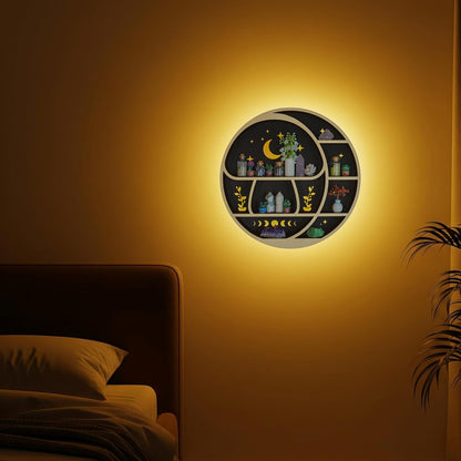 Circle Mushroom on The Moon Wall Shelf with LED Light, Wooden Trinket Knick Knack Shelf, Mushroom & Moon Decor Crystal Display Shelf for Rocks Gems Healing Stones, Cute Crystal Holder Organizer