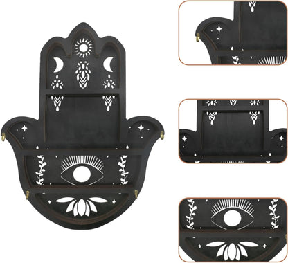 Hamsa Hand Crystal Shelf Display for Wall with 4 Hooks &amp; LED Light, Wooden Knick Knack Display Shelf, Sun &amp; Moon Gem Stone Rock Organizer Trinket Storage Holder