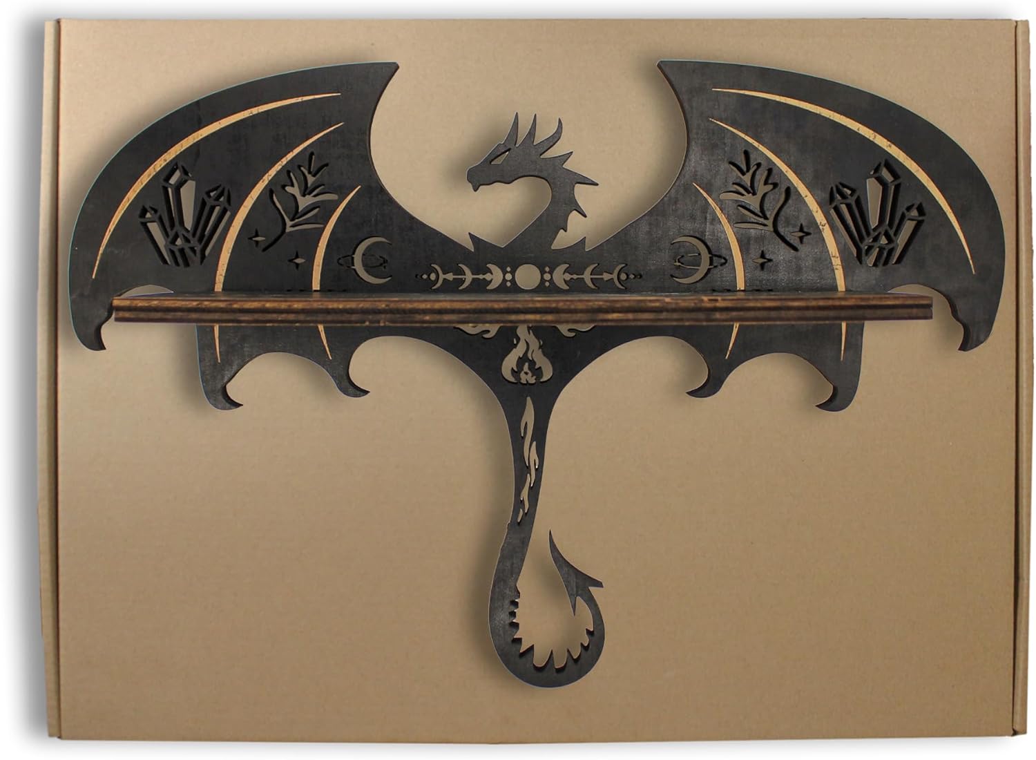 Gothic Evil Dragon Decor with LED Light Crystal Display Shelf for Wall, Wooden Witchy Shelf Rock Display Case Knick Knack Organizer Trinket Holder, Wall Hanging Shelves for Essential Oil & Nail Polish