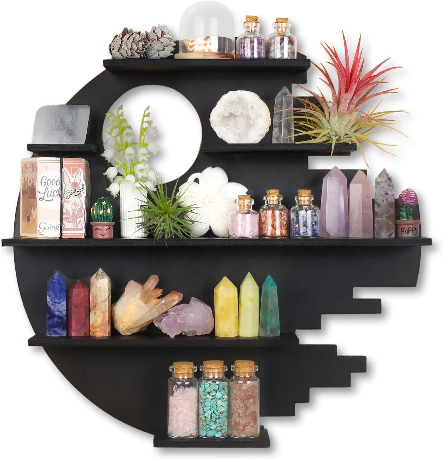 Wooden Moon Shelf, Crystal Shelf Display for Wall Rock Gem Stone Storage Organizer Trinkets Holder Knick Knack Shelf Collections Case Box Wall Mount, Standard