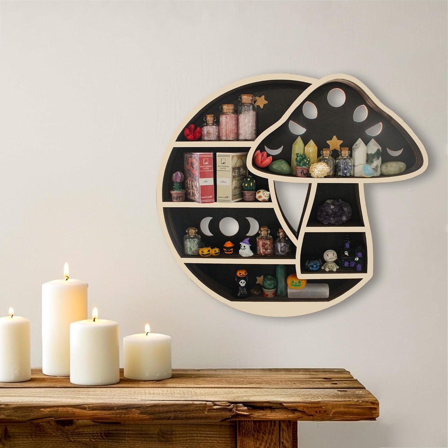 Cute Mushroom Decor, Wooden Mushroom Floating Shelves for Wall, Moon Shelf Wall Decor Crystal Rock Gem Stone Display Shelf, Trinket Knick Knack Shelf, Mushroom Gifts for Mushroom Lovers