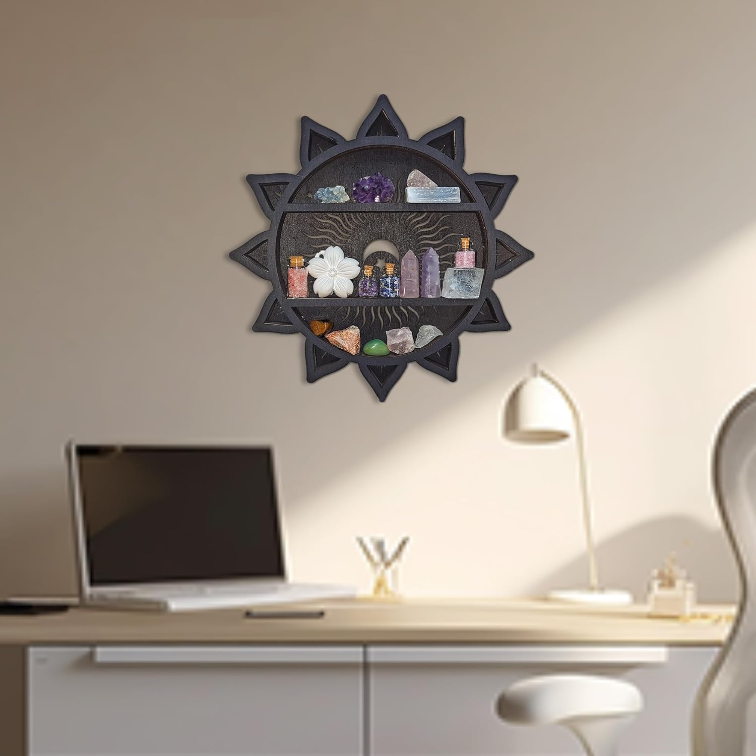 Sun&amp;Moon&amp;Stars Crystal Display Shelf, Trinket Shelf Witchy Home Decor Boho Decorative Wall Mounted Shelf Wooden Sun Moon Shelf Rock Case Stone Storage Floating Hanging Holder