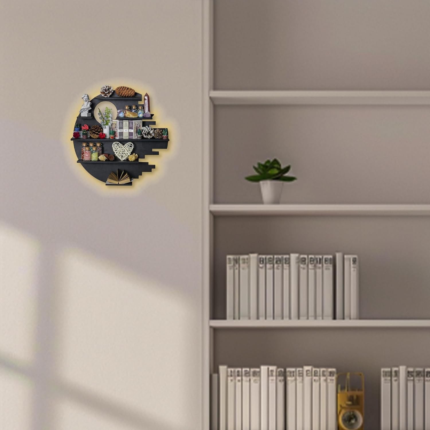 Wooden Moon Shelf with RGB Lights, Crystal Shelf Display for Wall Rock Gem Stone Shelf Witchy Trinkets Holder Boho Wall Decor Floating Shelves for Nail Polish & Essential Oil