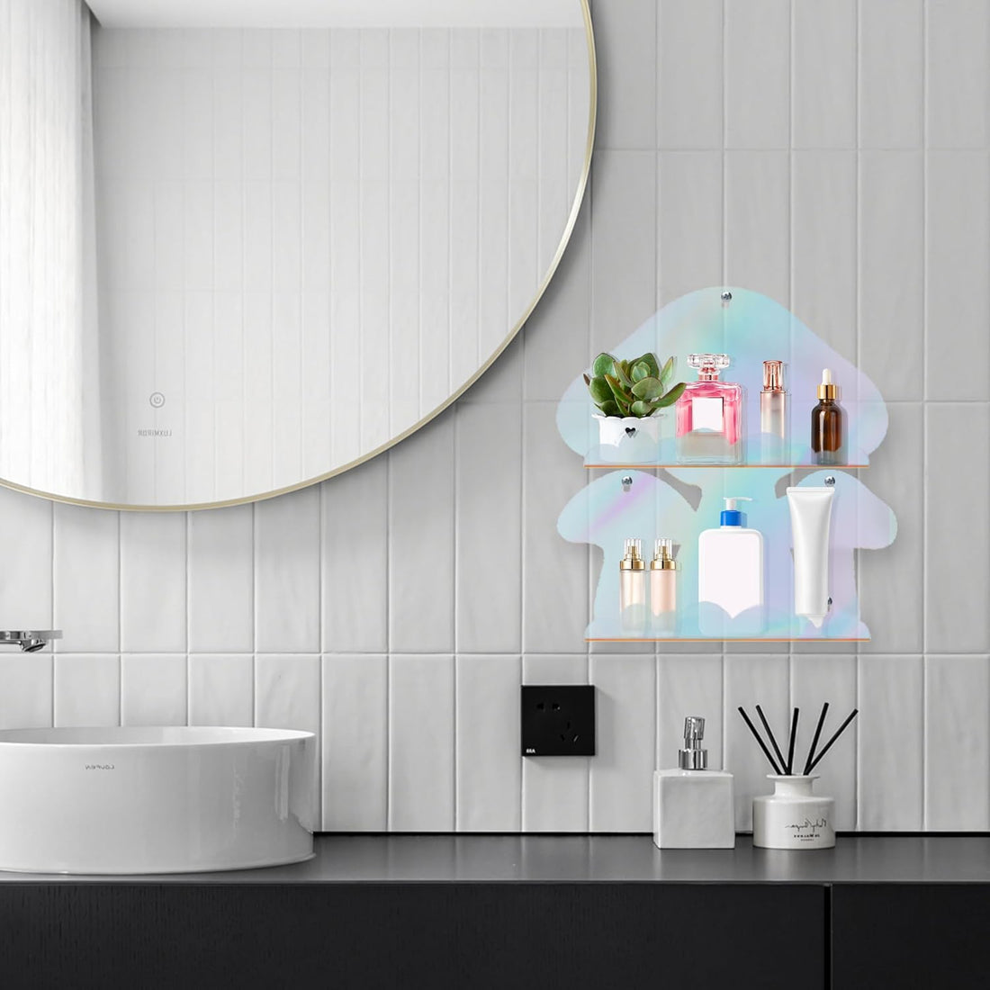 Iridescent Acrylic Mushroom Floating Shelves, Clear Rainbow Floating Shelves for Wall, Cute Shelves Mushroom Decor Gifts for Women, Mushroom Item Trinket Shelf Knick Knack Display Shelves Wall Mounted