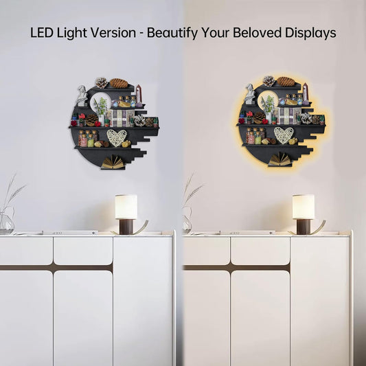 Wooden Moon Shelf with RGB Lights, Crystal Shelf Display for Wall Rock Gem Stone Shelf Witchy Trinkets Holder Boho Wall Decor Floating Shelves for Nail Polish & Essential Oil