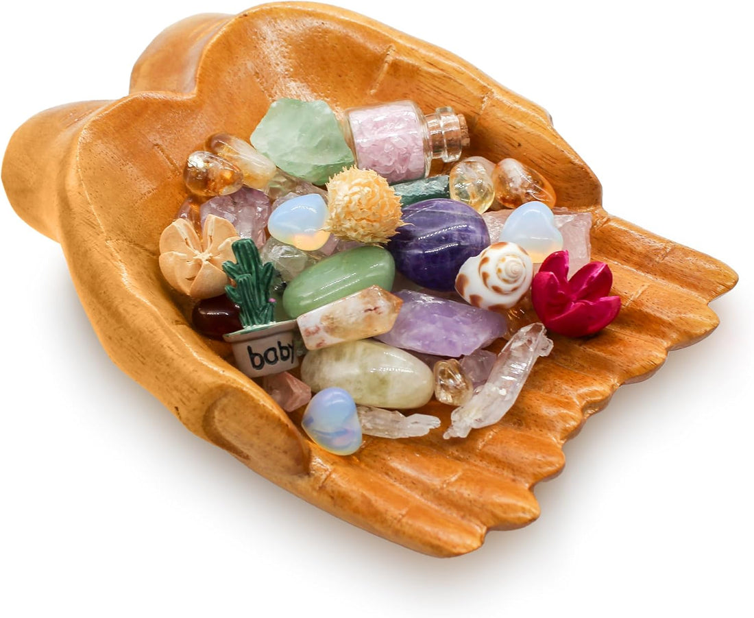 Wood Carved Hands Crystal Storage Holder, Crystal Tray for Rocks, Gems, and Healing Stones, Wooden Offering Bow, Decorative Display Tray, Crystal Organizer, Zen Bowl, Tray for Essential Oils