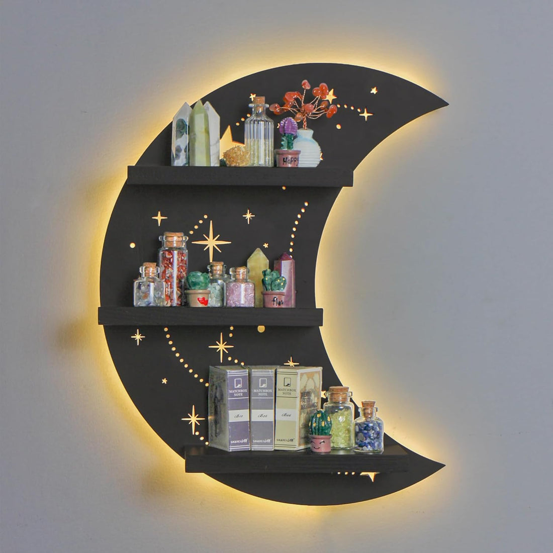Crescent Moon Shelf with LED Light, Trinket Display Shelf &amp; Moon Wall Light for Rocks Gems Healing Stones Crystals Display, Celestial Decor Crystal Holder Witchy Wall Decor