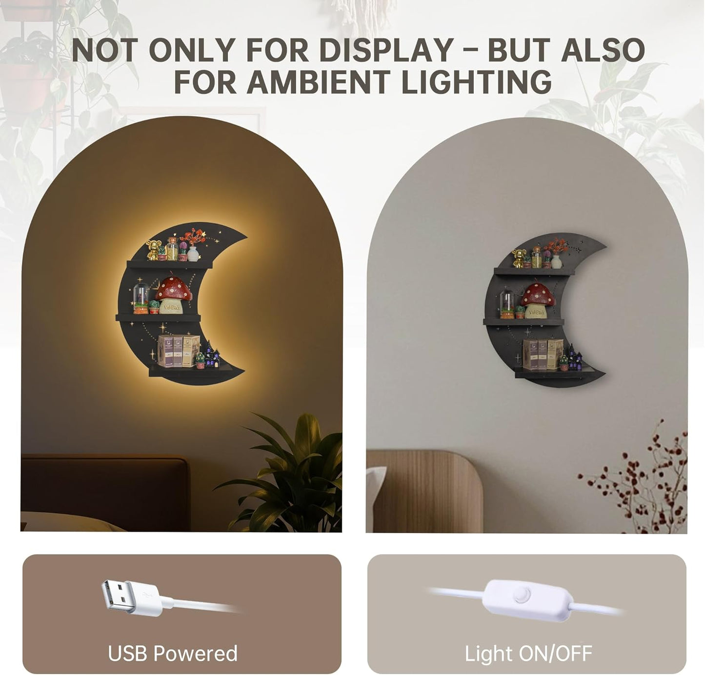 Crescent Moon Shelf with LED Light, Trinket Display Shelf & Moon Wall Light for Rocks Gems Healing Stones Crystals Display, Celestial Decor Crystal Holder Witchy Wall Decor