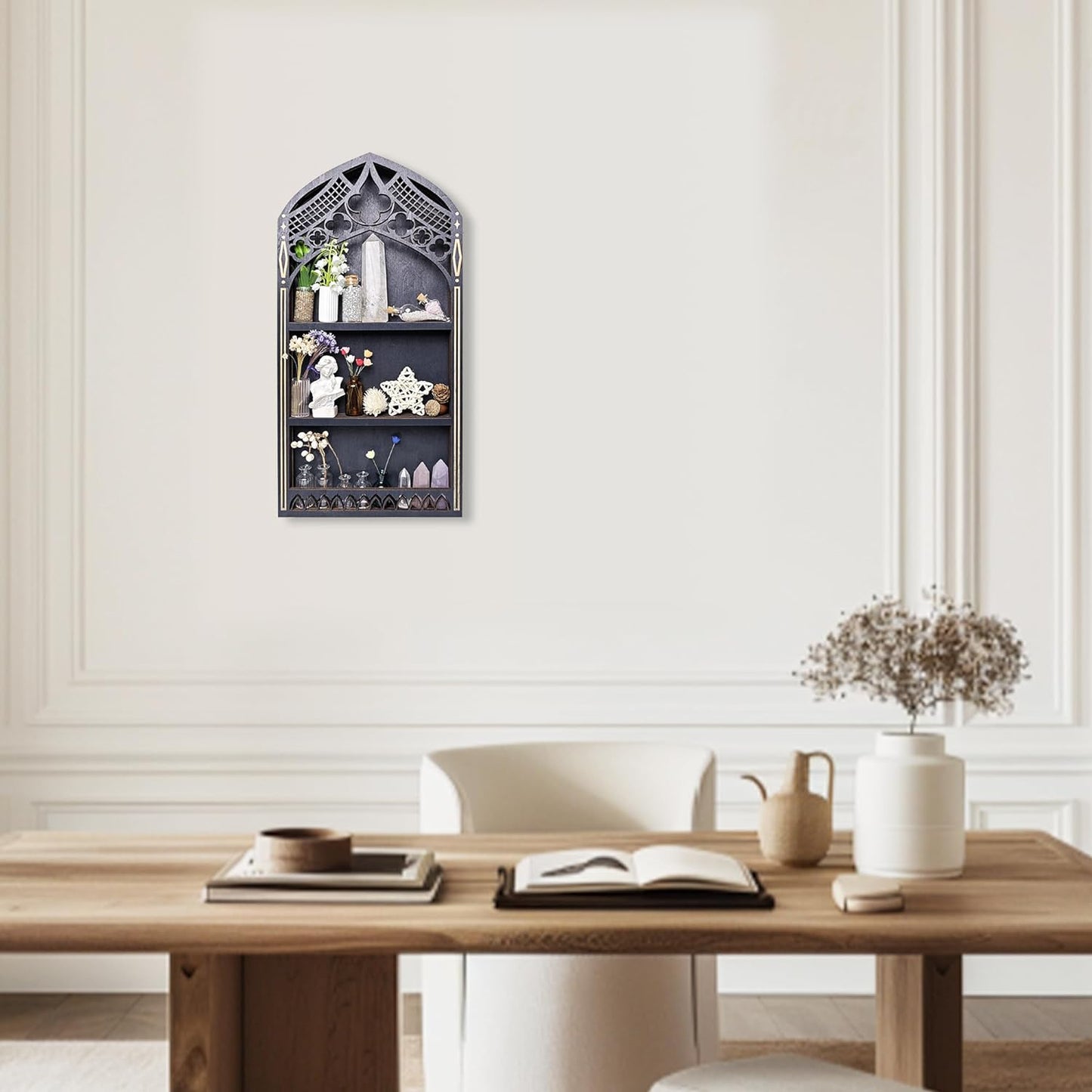 Gothic Window Crystal Shelf Display for Wall, Wooden Gem Stone Rock Storage Holder Trinkets Organizer, Wall Mount Stand Case Box for Witch Wiccan Decor, Spiritual Gift for Home Bedroom Living Room