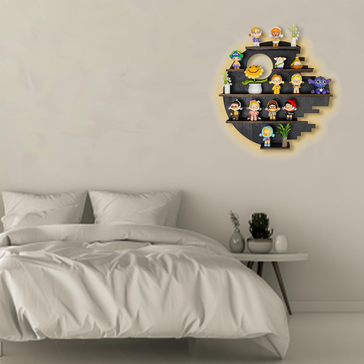 Large 17.7&quot; RGB Wooden Circle Floating Shelves for Wall, Figures Minifigures Figurine Display Shelf Wall Mount, Wood Wall Hanging Shelf for Collection Collectibles, for Bedroom Living Room