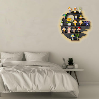 Large 17.7&quot; RGB Wooden Circle Floating Shelves for Wall, Figures Minifigures Figurine Display Shelf Wall Mount, Wood Wall Hanging Shelf for Collection Collectibles, for Bedroom Living Room