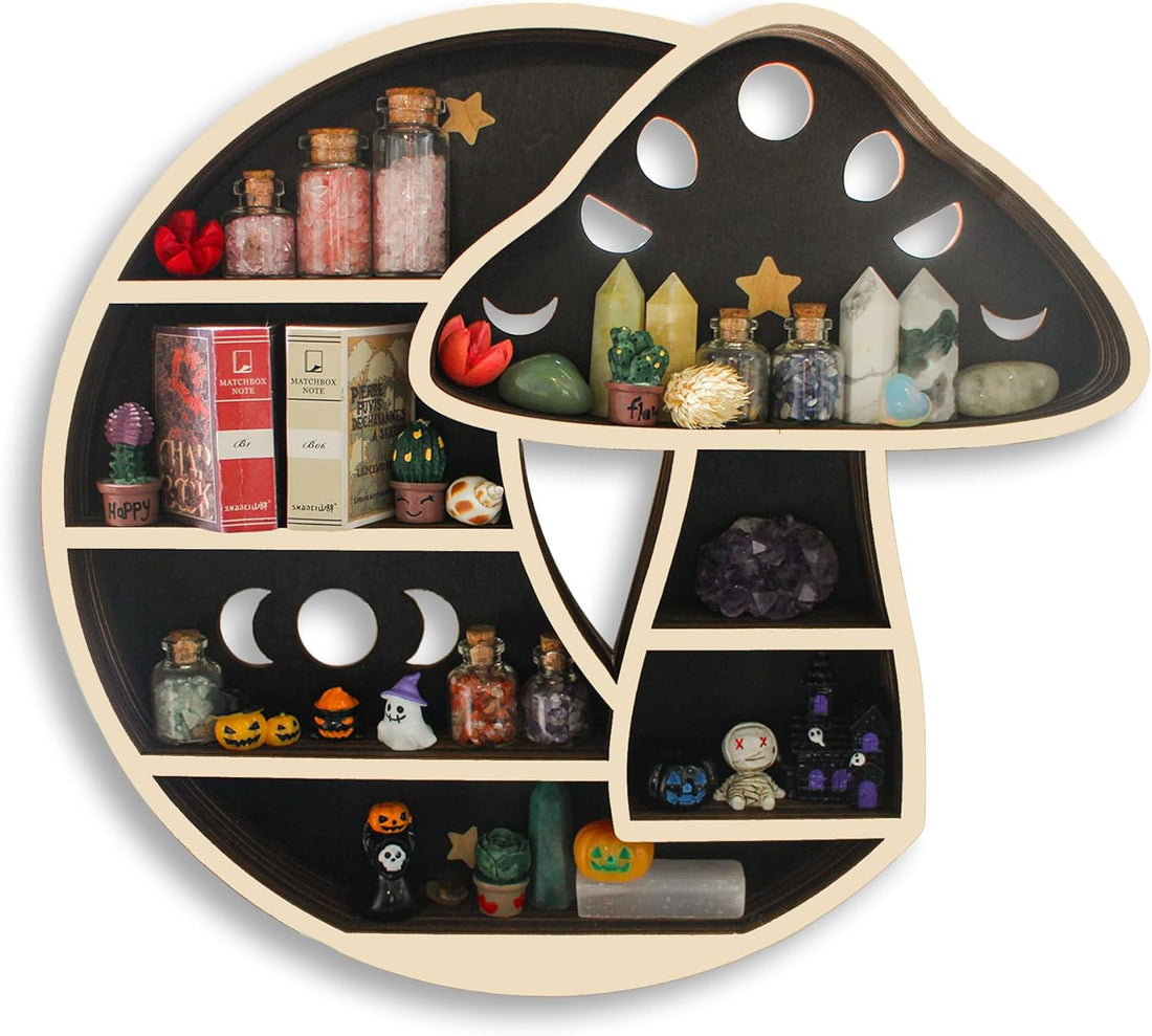 Cute Mushroom Decor, Wooden Mushroom Floating Shelves for Wall, Moon Shelf Wall Decor Crystal Rock Gem Stone Display Shelf, Trinket Knick Knack Shelf, Mushroom Gifts for Mushroom Lovers