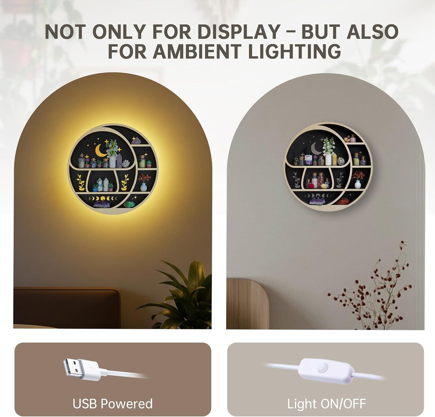 Circle Mushroom on The Moon Wall Shelf with LED Light, Wooden Trinket Knick Knack Shelf, Mushroom & Moon Decor Crystal Display Shelf for Rocks Gems Healing Stones, Cute Crystal Holder Organizer