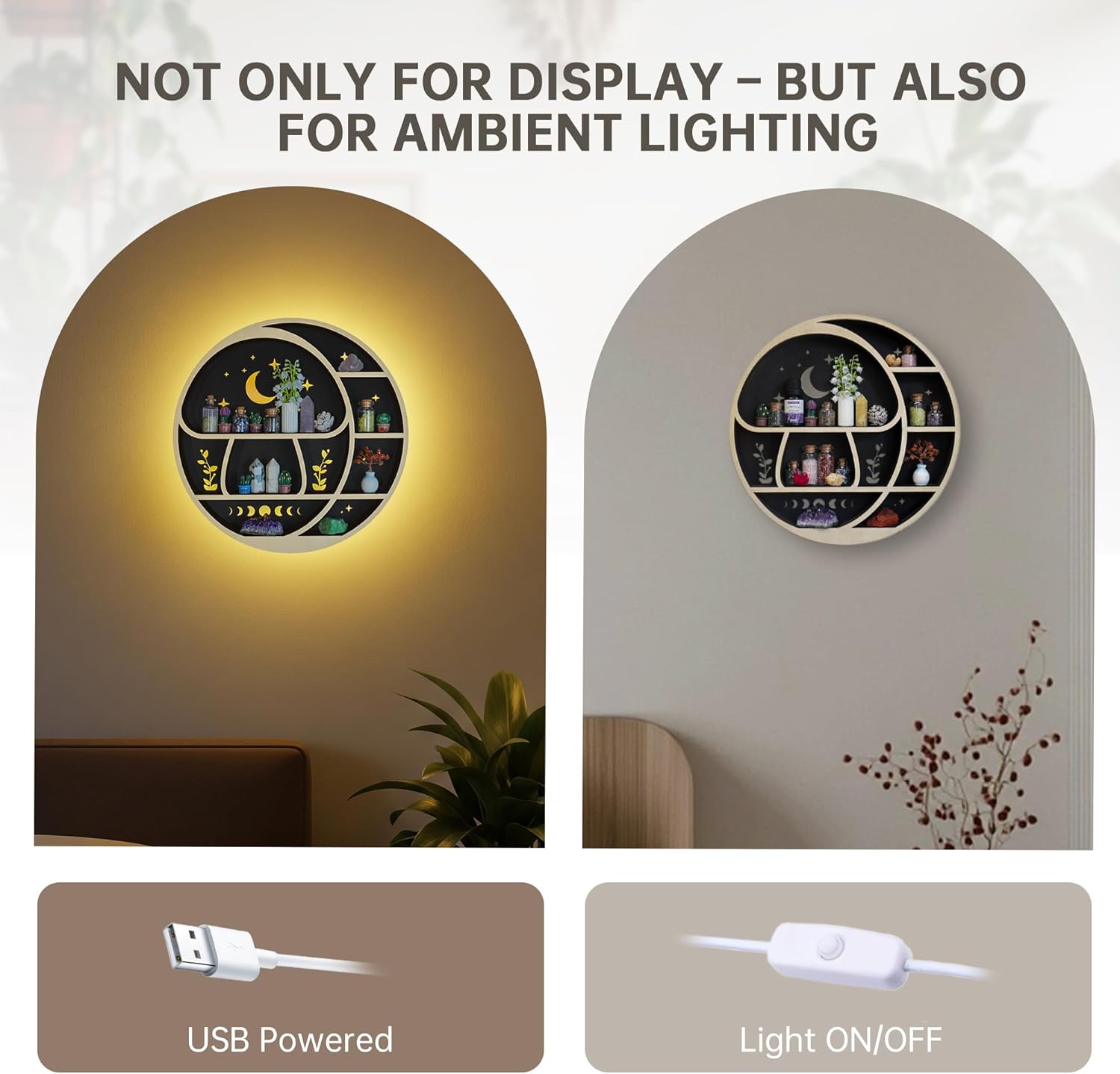 Circle Mushroom on The Moon Wall Shelf with LED Light, Wooden Trinket Knick Knack Shelf, Mushroom & Moon Decor Crystal Display Shelf for Rocks Gems Healing Stones, Cute Crystal Holder Organizer