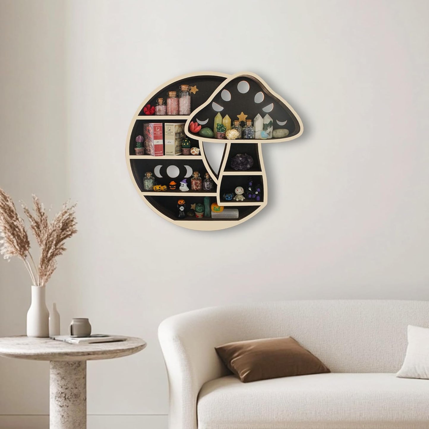 Cute Mushroom Decor, Wooden Mushroom Floating Shelves for Wall, Moon Shelf Wall Decor Crystal Rock Gem Stone Display Shelf, Trinket Knick Knack Shelf, Mushroom Gifts for Mushroom Lovers