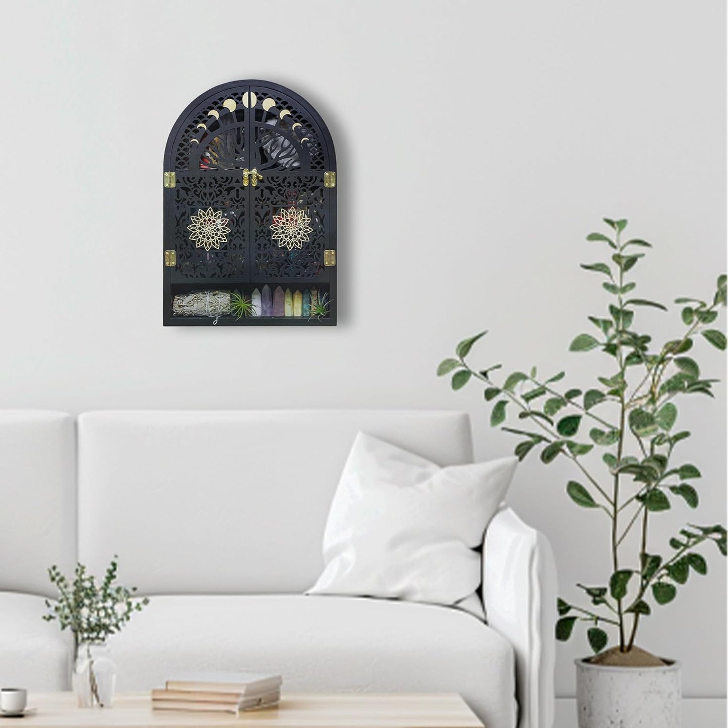 Large Crystal Display Shelf for Wall, Crescent Moon Phase Shelf Wall Decor, Wooden Arch Shelf, Life of Tree Crystal Holder Organizer, Cabinet for Gem Stone Rock, Spiritual Home Room Wall Decor