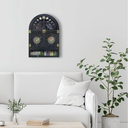 Large Crystal Display Shelf for Wall, Crescent Moon Phase Shelf Wall Decor, Wooden Arch Shelf, Life of Tree Crystal Holder Organizer, Cabinet for Gem Stone Rock, Spiritual Home Room Wall Decor