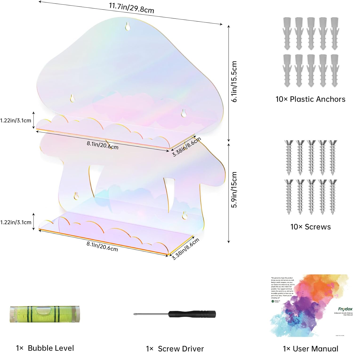 Iridescent Acrylic Mushroom Floating Shelves, Clear Rainbow Floating Shelves for Wall, Cute Shelves Mushroom Decor Gifts for Women, Mushroom Item Trinket Shelf Knick Knack Display Shelves Wall Mounted