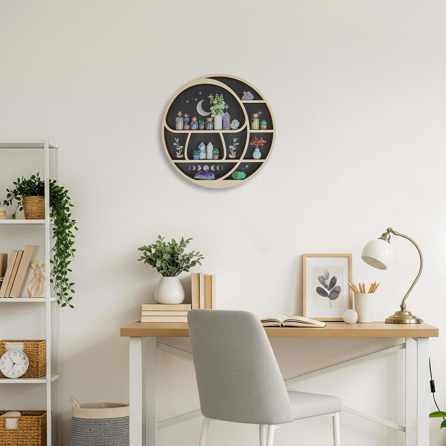 Circle Mushroom on The Moon Wall Shelf with LED Light, Wooden Trinket Knick Knack Shelf, Mushroom & Moon Decor Crystal Display Shelf for Rocks Gems Healing Stones, Cute Crystal Holder Organizer