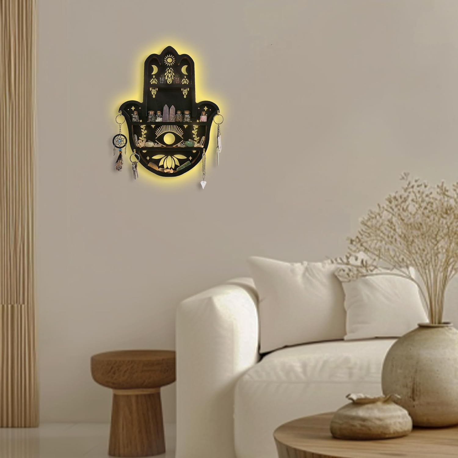 Hamsa Hand Crystal Shelf Display for Wall with 4 Hooks &amp; LED Light, Wooden Knick Knack Display Shelf, Sun &amp; Moon Gem Stone Rock Organizer Trinket Storage Holder