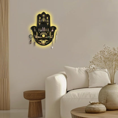 Hamsa Hand Crystal Shelf Display for Wall with 4 Hooks &amp; LED Light, Wooden Knick Knack Display Shelf, Sun &amp; Moon Gem Stone Rock Organizer Trinket Storage Holder