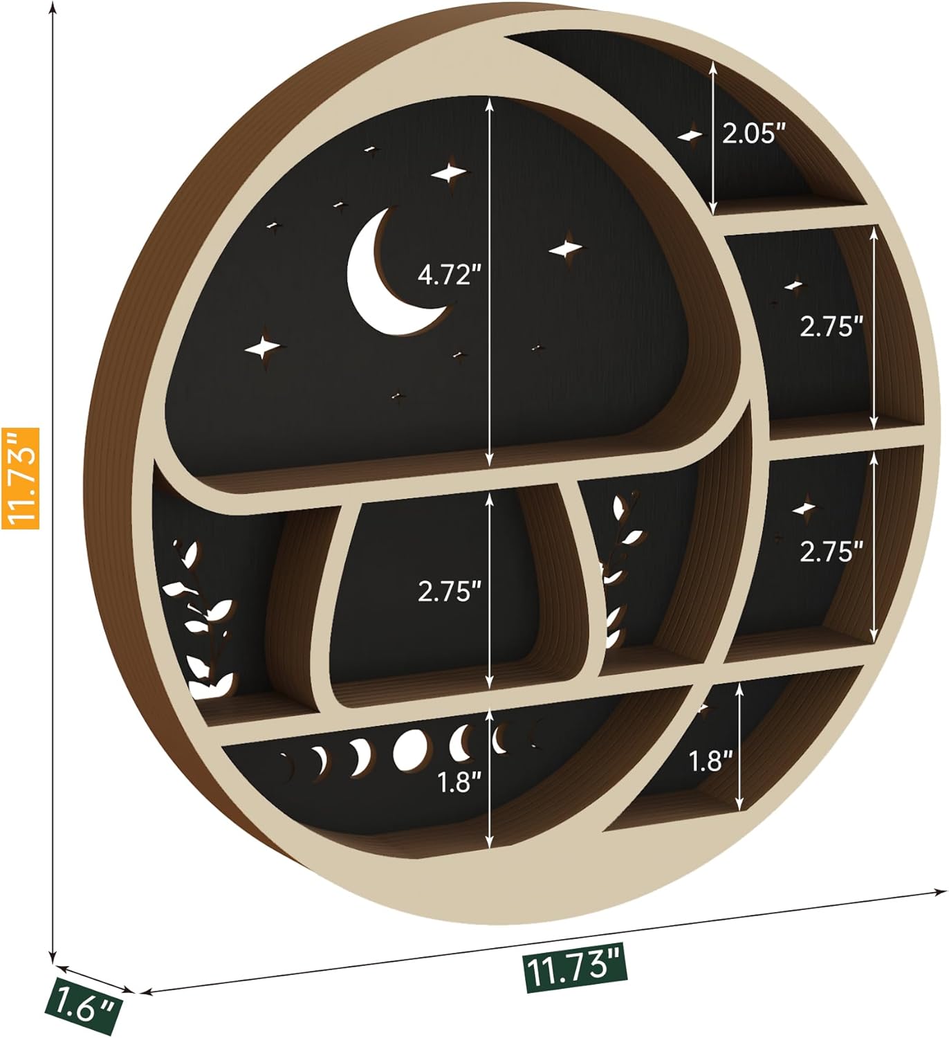 Circle Mushroom on The Moon Wall Shelf with LED Light, Wooden Trinket Knick Knack Shelf, Mushroom & Moon Decor Crystal Display Shelf for Rocks Gems Healing Stones, Cute Crystal Holder Organizer