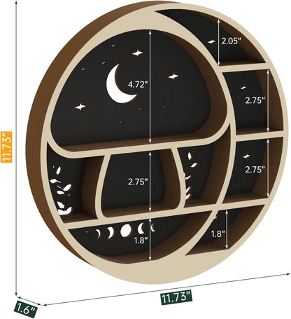 Circle Mushroom on The Moon Wall Shelf with LED Light, Wooden Trinket Knick Knack Shelf, Mushroom & Moon Decor Crystal Display Shelf for Rocks Gems Healing Stones, Cute Crystal Holder Organizer