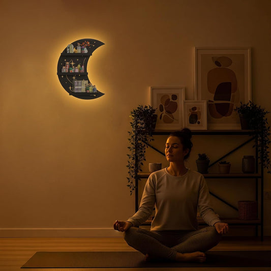 Crescent Moon Shelf with LED Light, Trinket Display Shelf & Moon Wall Light for Rocks Gems Healing Stones Crystals Display, Celestial Decor Crystal Holder Witchy Wall Decor