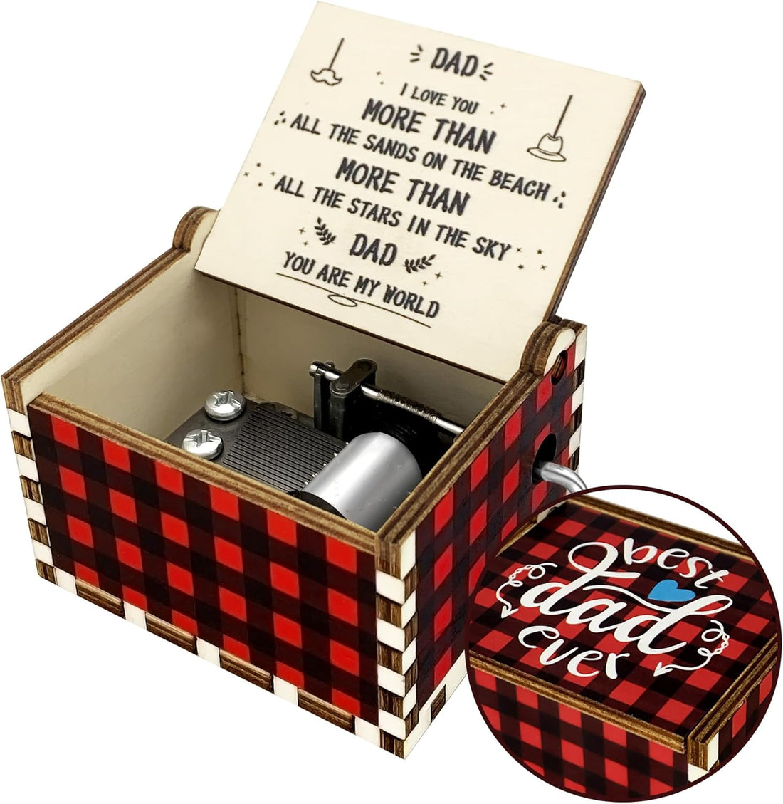 Dad Birthday Gifts from Daughter, Music Box Red Black Buffalo Plaid Fathers Day Best Dad Ever I Love You Dad Wooden Musical Box Dad Gift