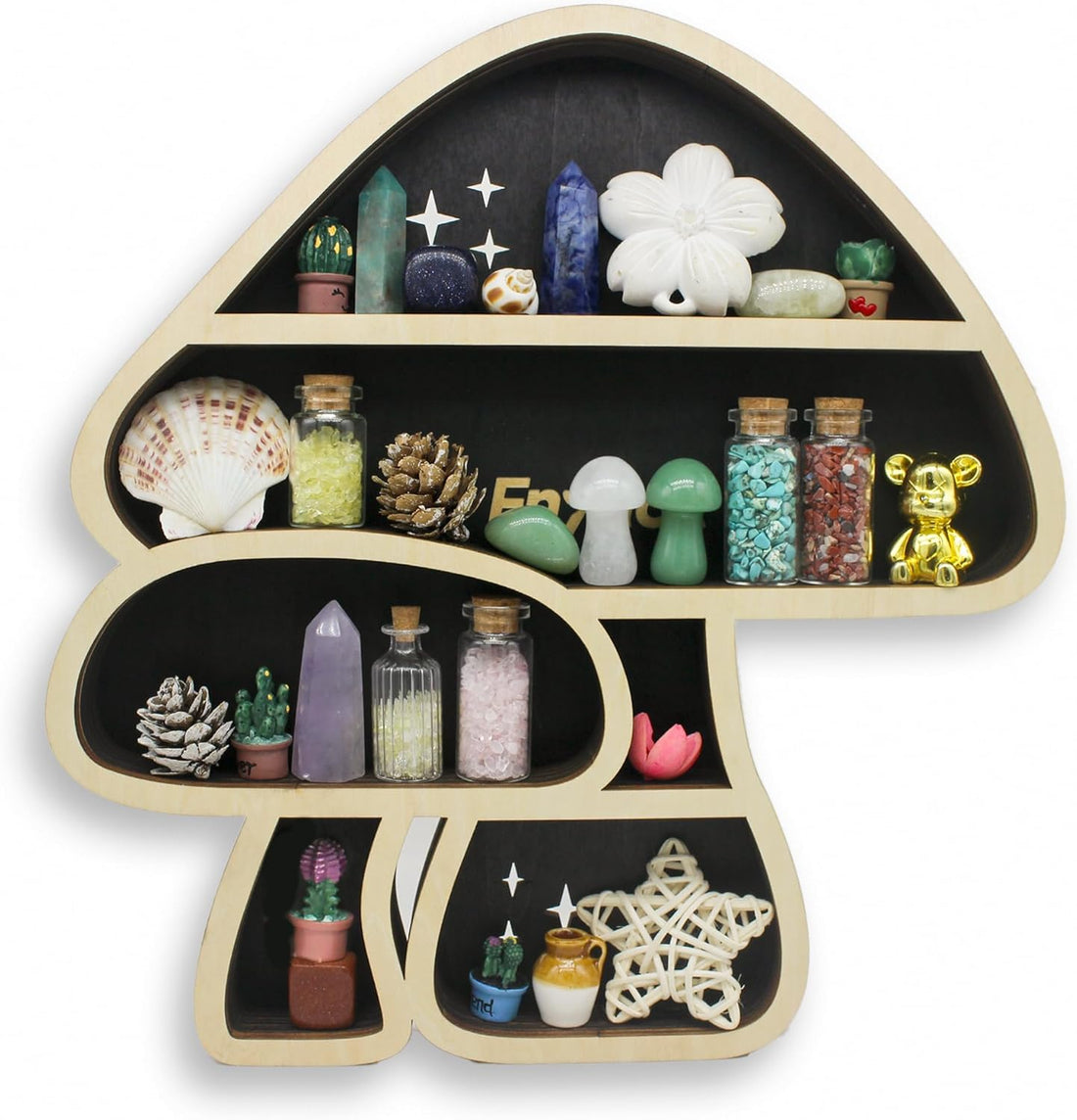 Cute Mushroom Decor, Wooden Floating Mushroom Shelf for Wall, Crystal Display Shelf Rock Gem Stone Display Shelf Wall Mounted