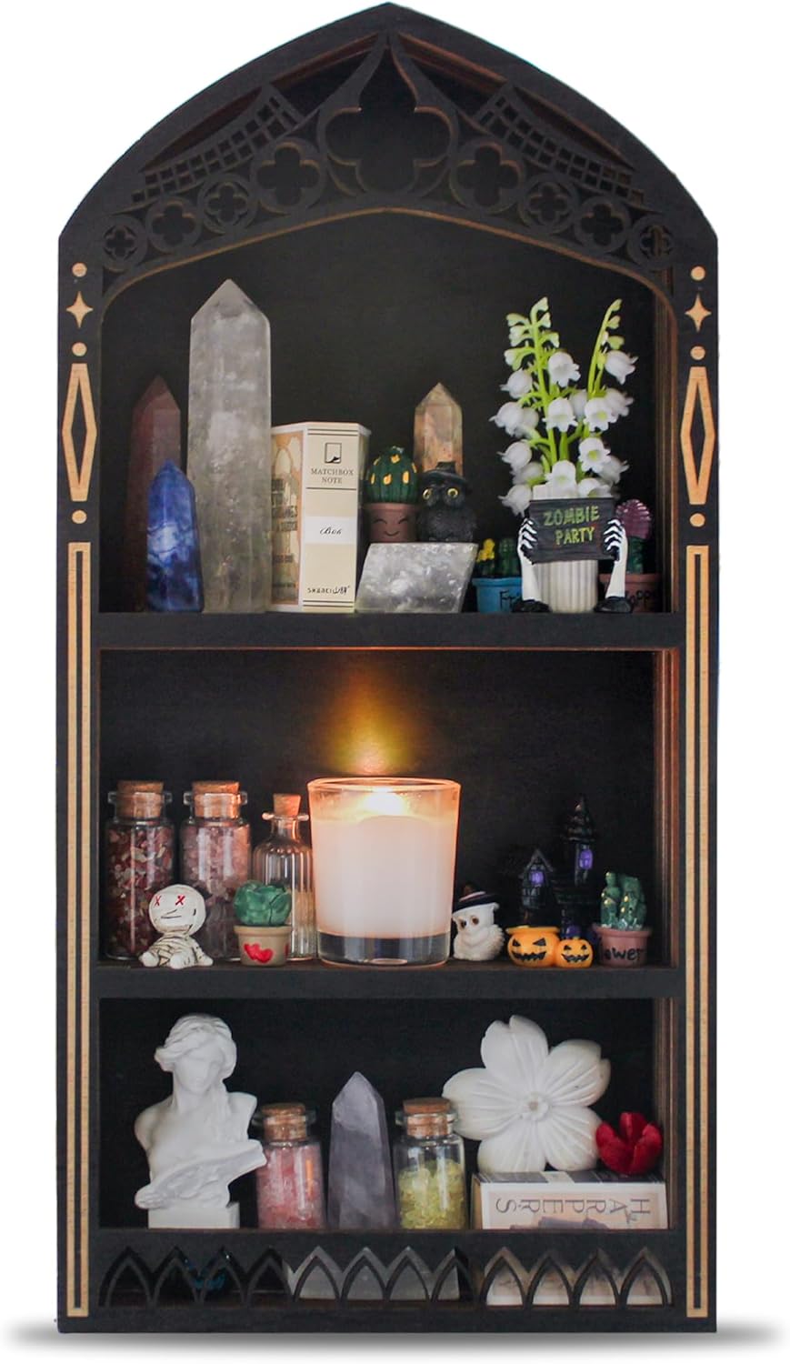 Gothic Crystal Shelf Display for Wall, Wooden Rock Gem Healing Stone Display Shelf Wall Mounted, Crystal Holder Trinket Organizer Knick Knack Shelf, Gothic Witchy Decor Gifts for Women - 2025 UPGRADED