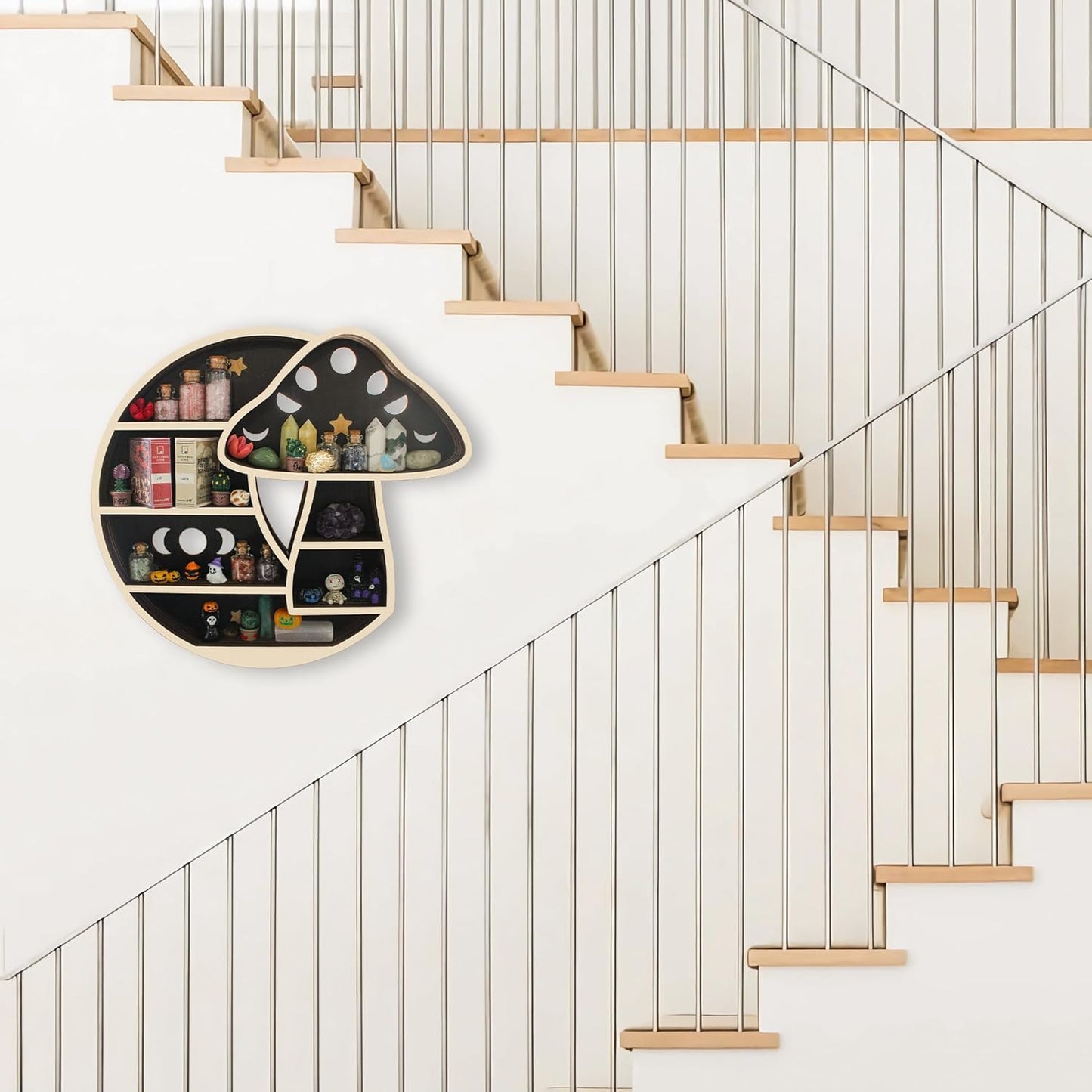 Cute Mushroom Decor, Wooden Mushroom Floating Shelves for Wall, Moon Shelf Wall Decor Crystal Rock Gem Stone Display Shelf, Trinket Knick Knack Shelf, Mushroom Gifts for Mushroom Lovers