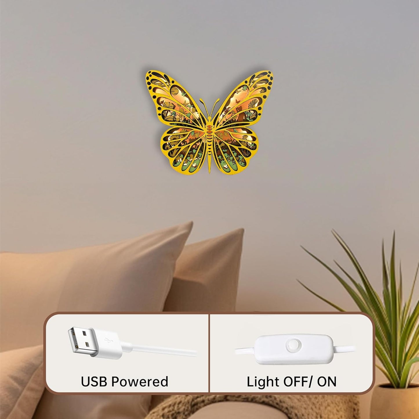LED Night Light Wooden Butterfly Wall Decor, 3D Wood Butterflies Sculpture, Butterfly Statue for Indoor Bedroom Living Room, Butterfly Centerpieces for Tables, Modern Art Handmade Butterfly Crafts
