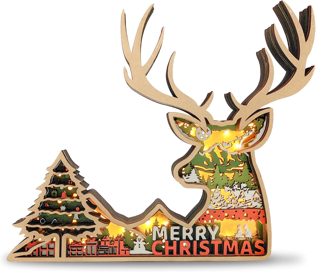 LED Merry Christmas Reindeer Figurines Decorations, Artificial Animal Crafts Xmas Lucky Deer Wall Hanging Sculptures Elk Statues, Christmas Decor for Desktop Gift for Living Room Present for Bedroom