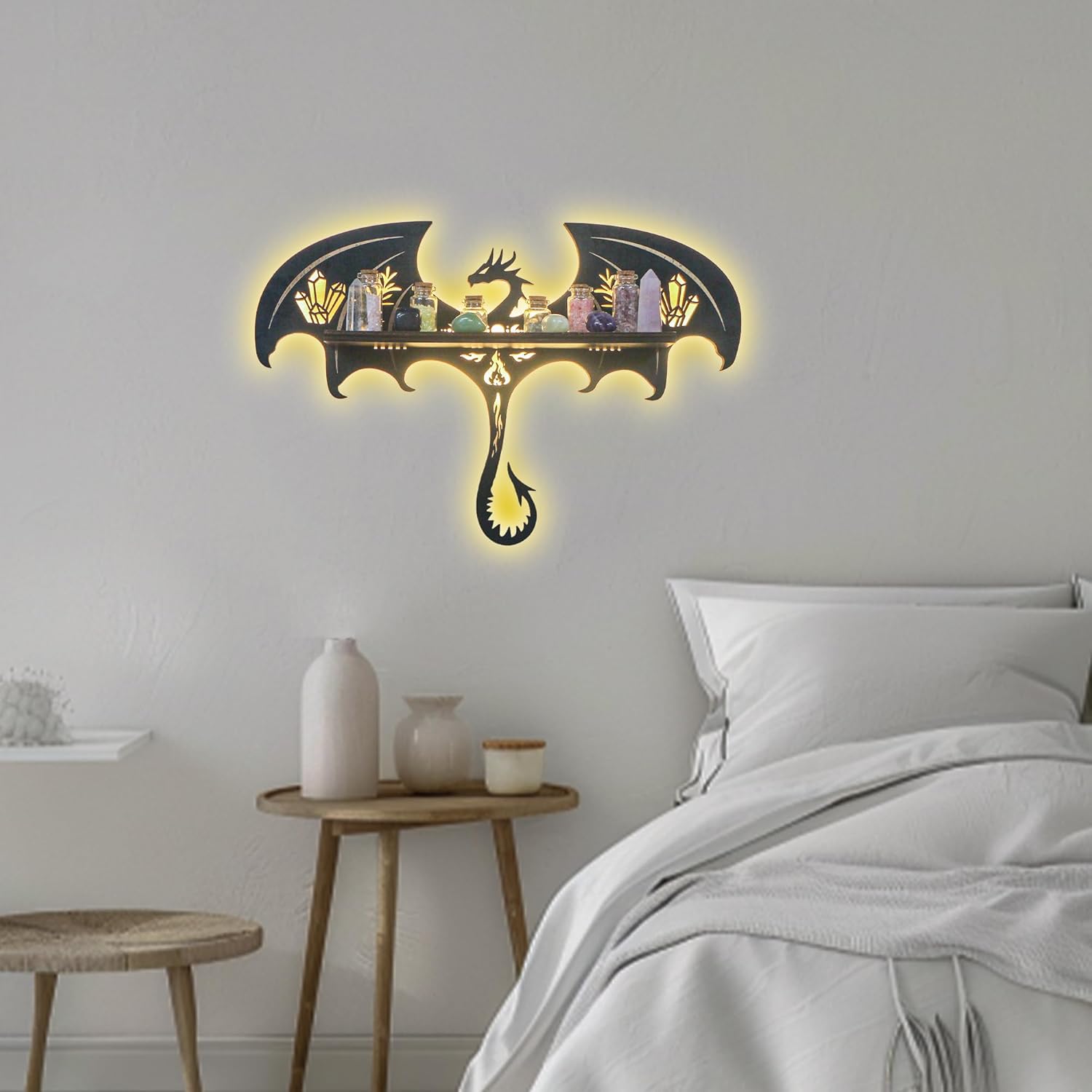 Gothic Evil Dragon Decor with LED Light Crystal Display Shelf for Wall, Wooden Witchy Shelf Rock Display Case Knick Knack Organizer Trinket Holder, Wall Hanging Shelves for Essential Oil & Nail Polish