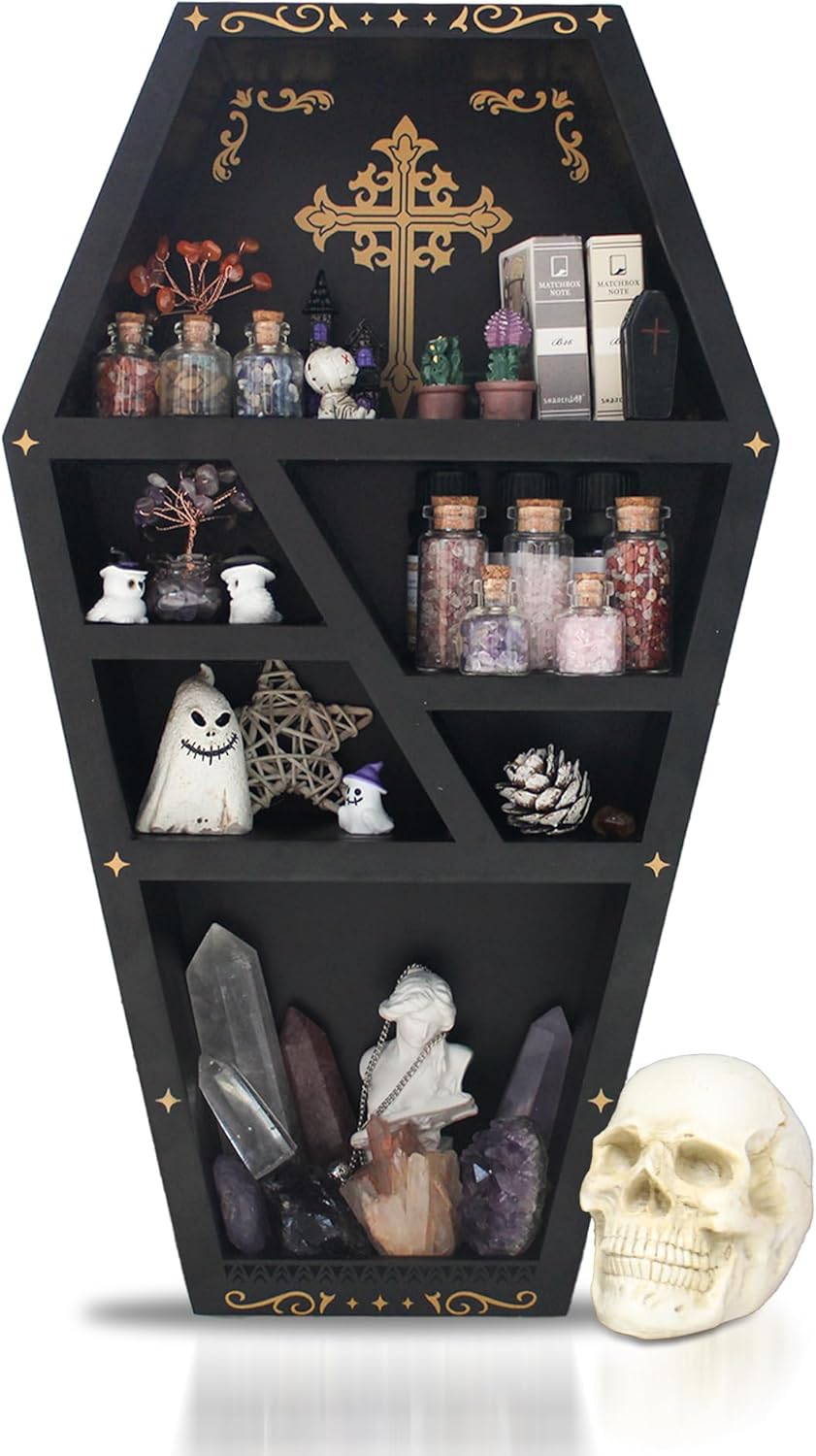 Large Coffin Shelf, Coffin Bookshelf, Oddity Goth Room Decor, Gothic Emo Horror Room Decor, Crystal Display Shelf Rock Trinket Essential Oil Crystal Holder Organizer for Wall