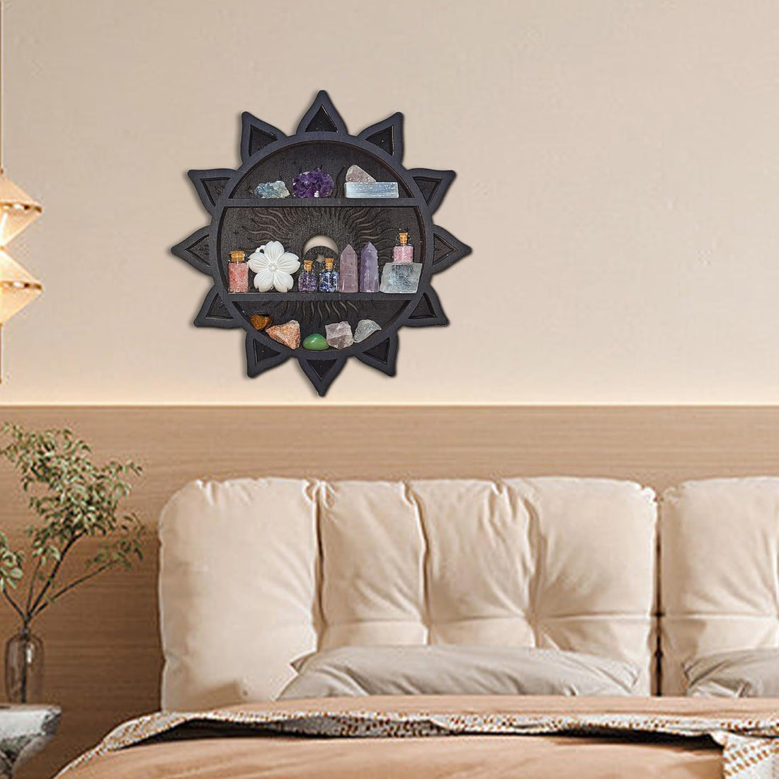 Sun&amp;Moon&amp;Stars Crystal Display Shelf, Trinket Shelf Witchy Home Decor Boho Decorative Wall Mounted Shelf Wooden Sun Moon Shelf Rock Case Stone Storage Floating Hanging Holder