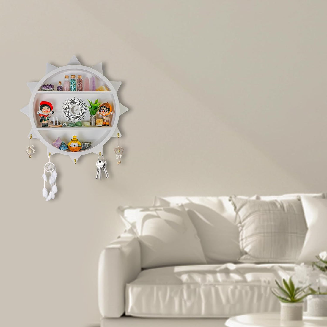 Large 15.1” Crystal Shelf Display for Wall with Hooks, Wooden Moon Shelf for Wall, Rock Gem Stone Display Shelf Wall Mounted - White