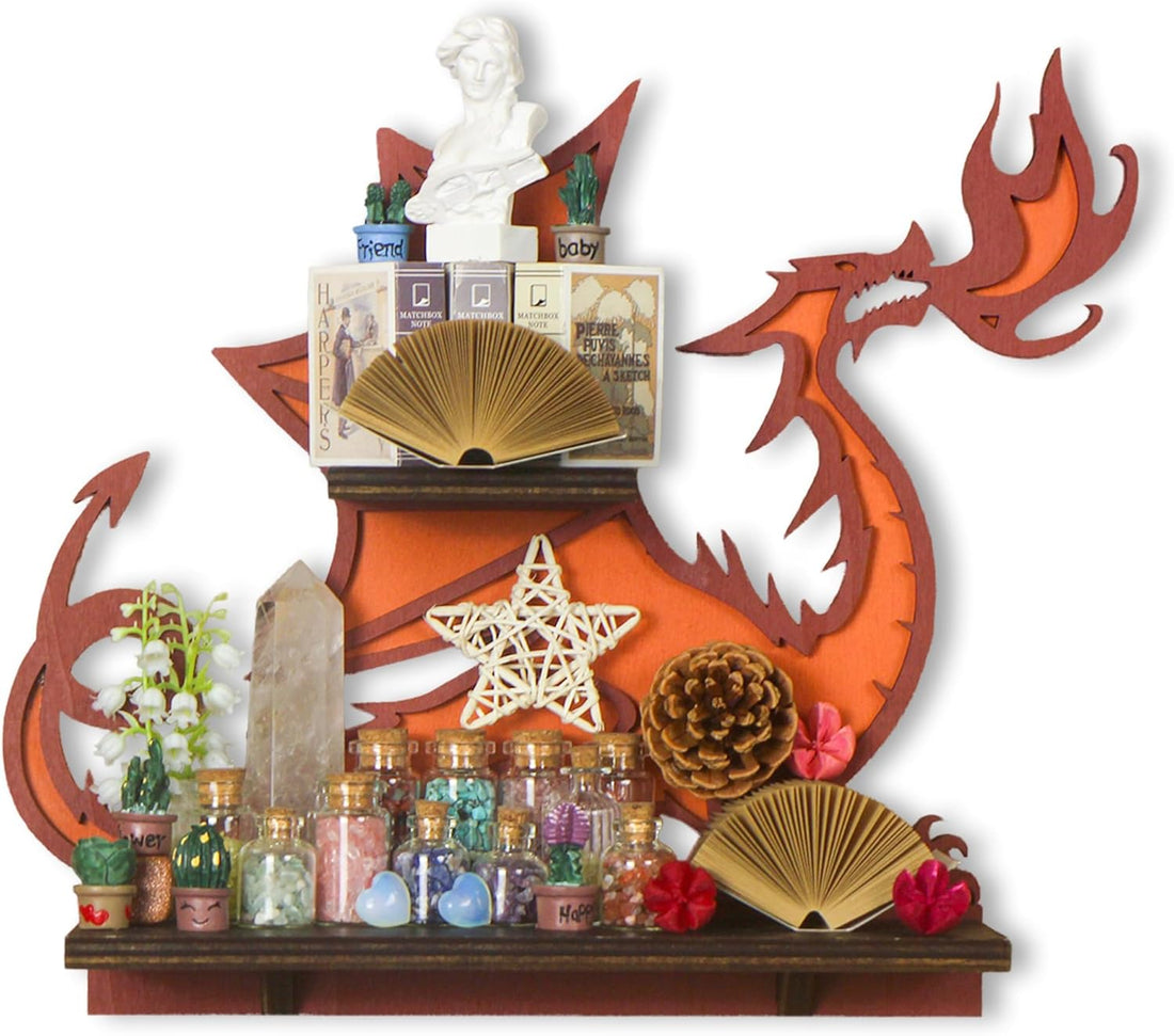 Wooden Dragon Decor Crystal Display Shelf for Wall, Rock Display Case Knick Knack Organizer Trinket Holder, Wall Hanging Shelves for Essential Oil &amp; Nail Polish