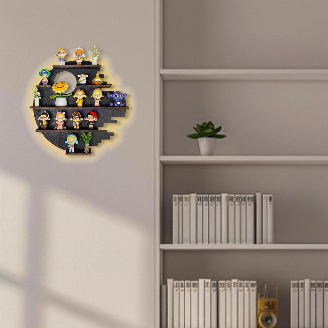 Large 17.7&quot; RGB Wooden Circle Floating Shelves for Wall, Figures Minifigures Figurine Display Shelf Wall Mount, Wood Wall Hanging Shelf for Collection Collectibles, for Bedroom Living Room