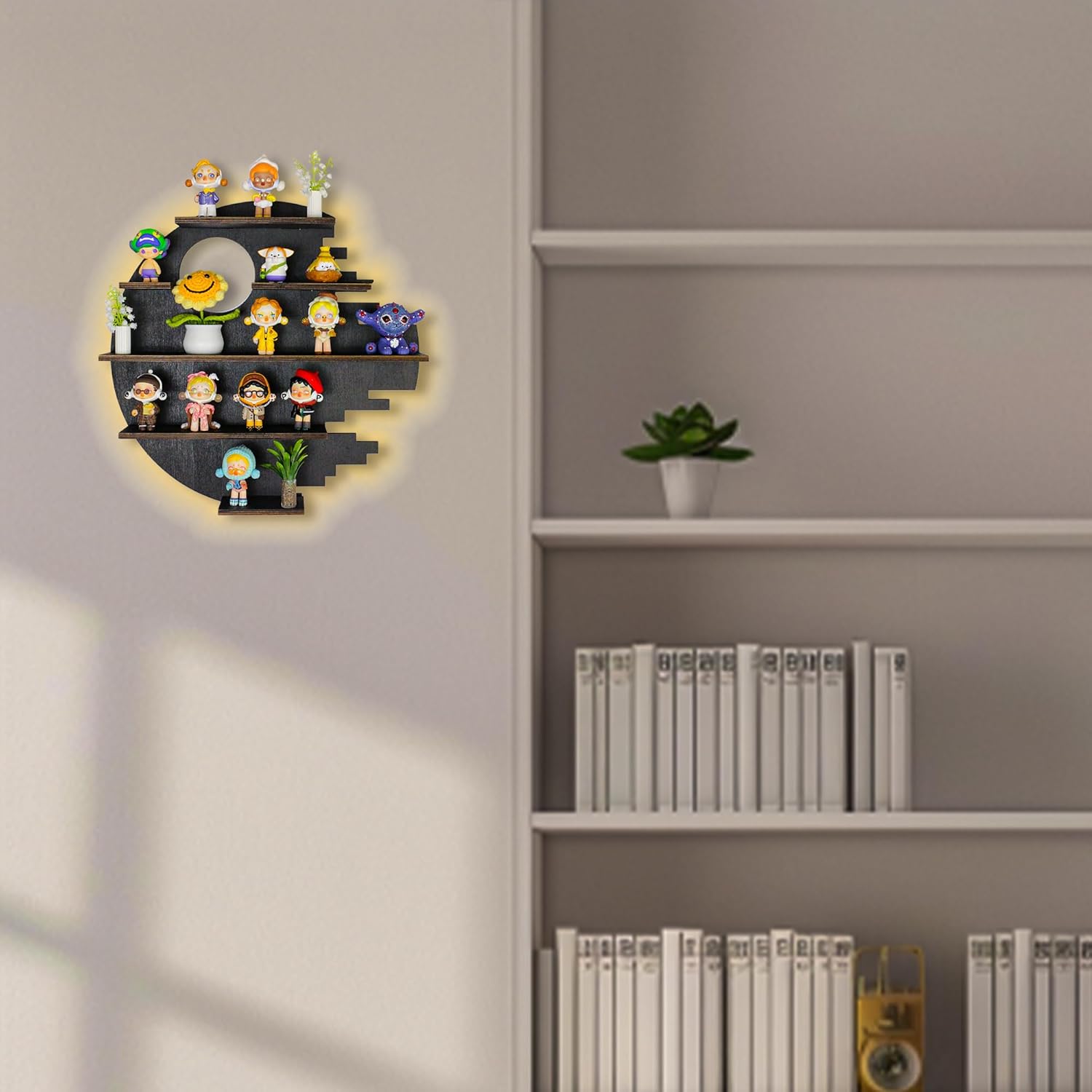 Large 17.7&quot; RGB Wooden Circle Floating Shelves for Wall, Figures Minifigures Figurine Display Shelf Wall Mount, Wood Wall Hanging Shelf for Collection Collectibles, for Bedroom Living Room