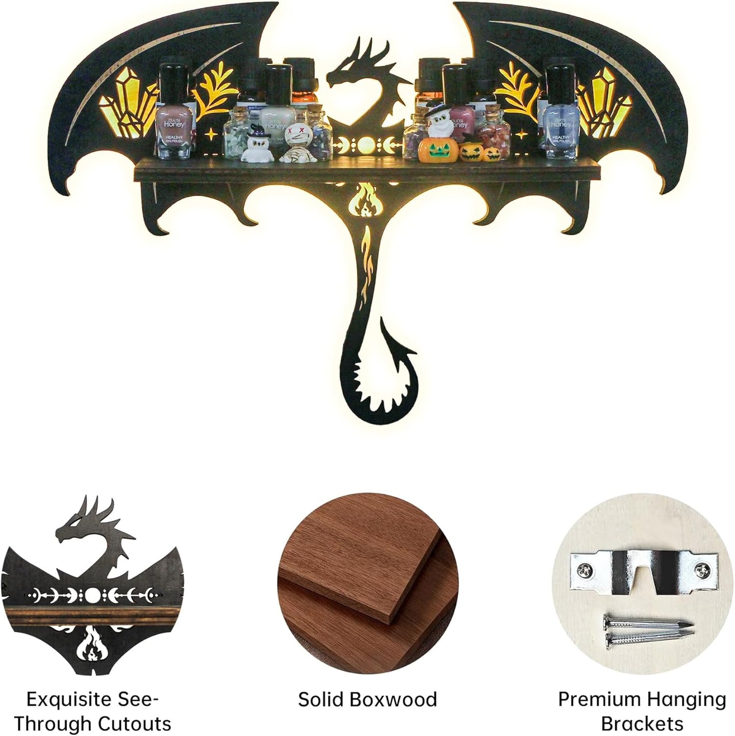 Gothic Evil Dragon Decor with LED Light Crystal Display Shelf for Wall, Wooden Witchy Shelf Rock Display Case Knick Knack Organizer Trinket Holder, Wall Hanging Shelves for Essential Oil & Nail Polish